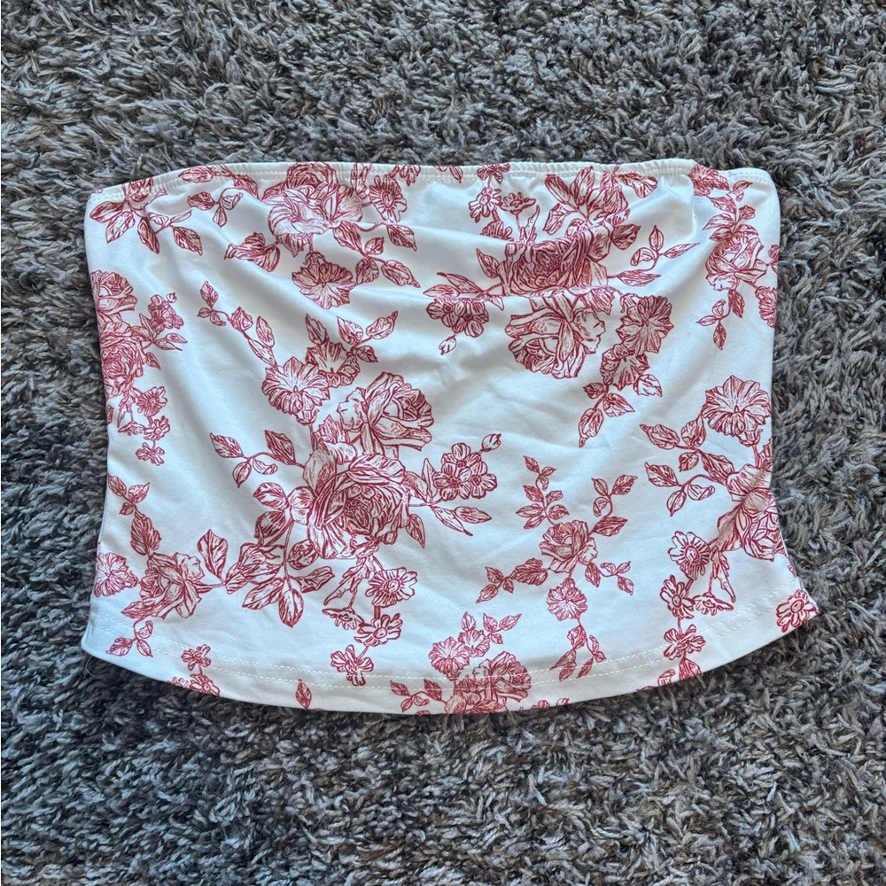 SHEIN Strapless Top with Red Floral Pattern